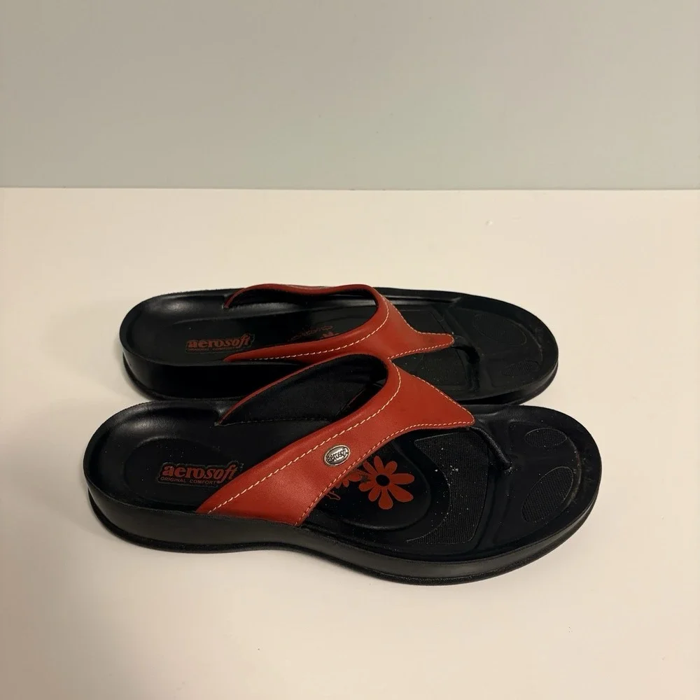 Aerosoft Original Comfort Red Black Thong Wedge Sandals Womens Size 41‎ US 10